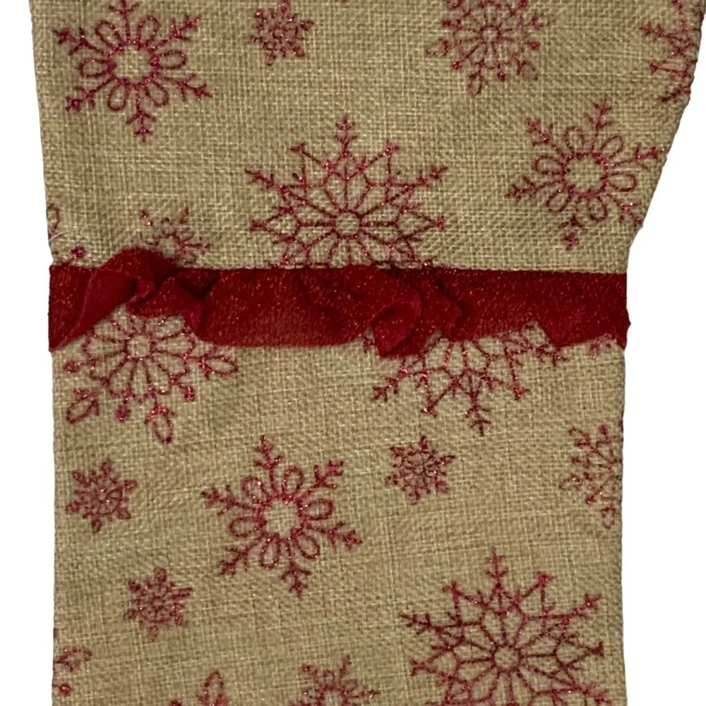 Christmas Stockings Burlap Snowflakes Ruffle Subtle Glitter Set of 2 Brown Red